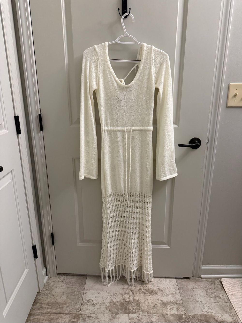 Lulu's Cream Long-Sleeve Knit Maxi Dress with Fringe Hem
